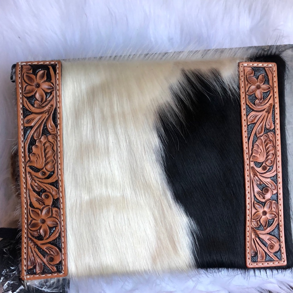 Cowhide crossbody purse with embroidery style leather